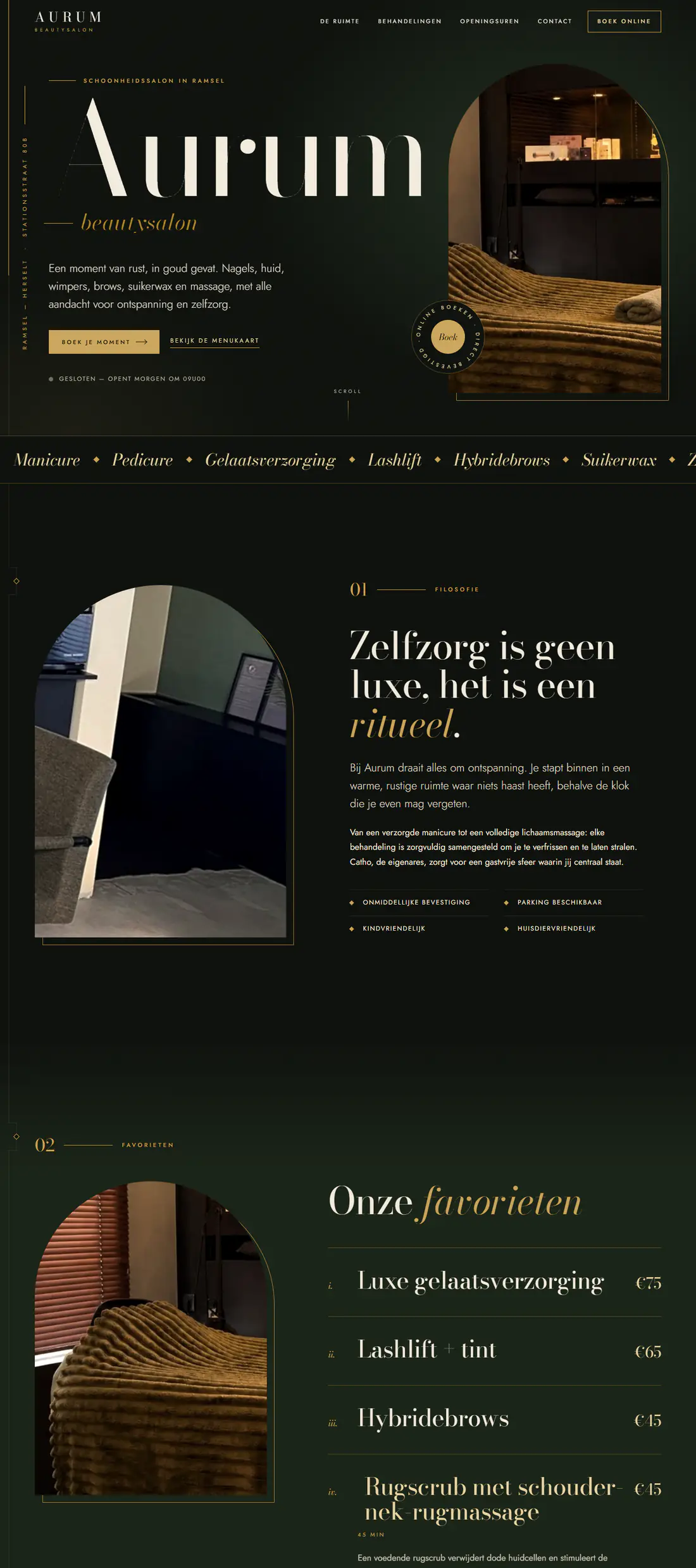 Het ontwerp voor Aurum Beautysalon op een computer: donkergroen en goud, met een behandelmenu als een menukaart.