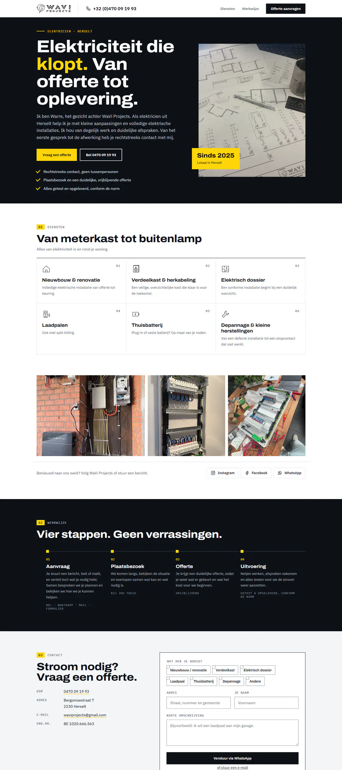 De website van WaVi Projects op een computer: zwart en geel, met de diensten en een knop om een offerte te vragen.